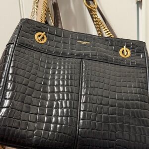 Saint Laurent Black Croc Shoulder Bag with Gold Details